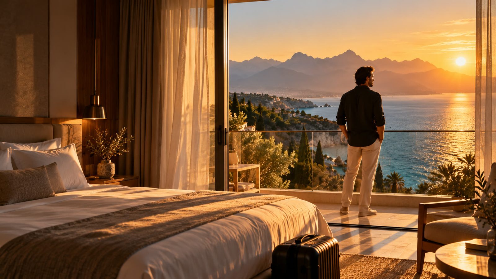 A man stands on a hotel balcony overlooking the sea and mountains near Antalya at sunset, a suitcase by the bed