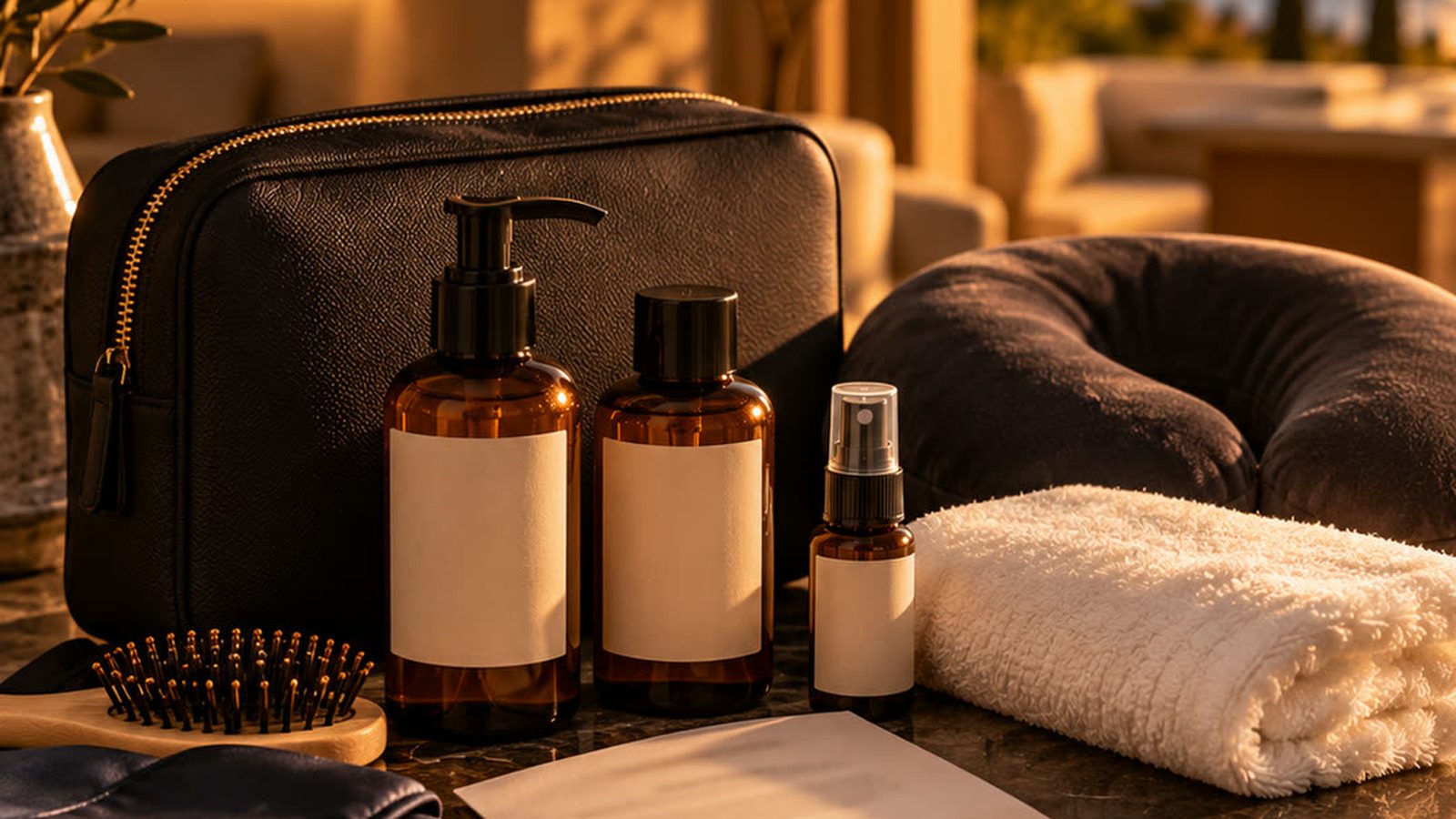 Aftercare kit with shampoo, lotion and a towel laid out after a hair transplant