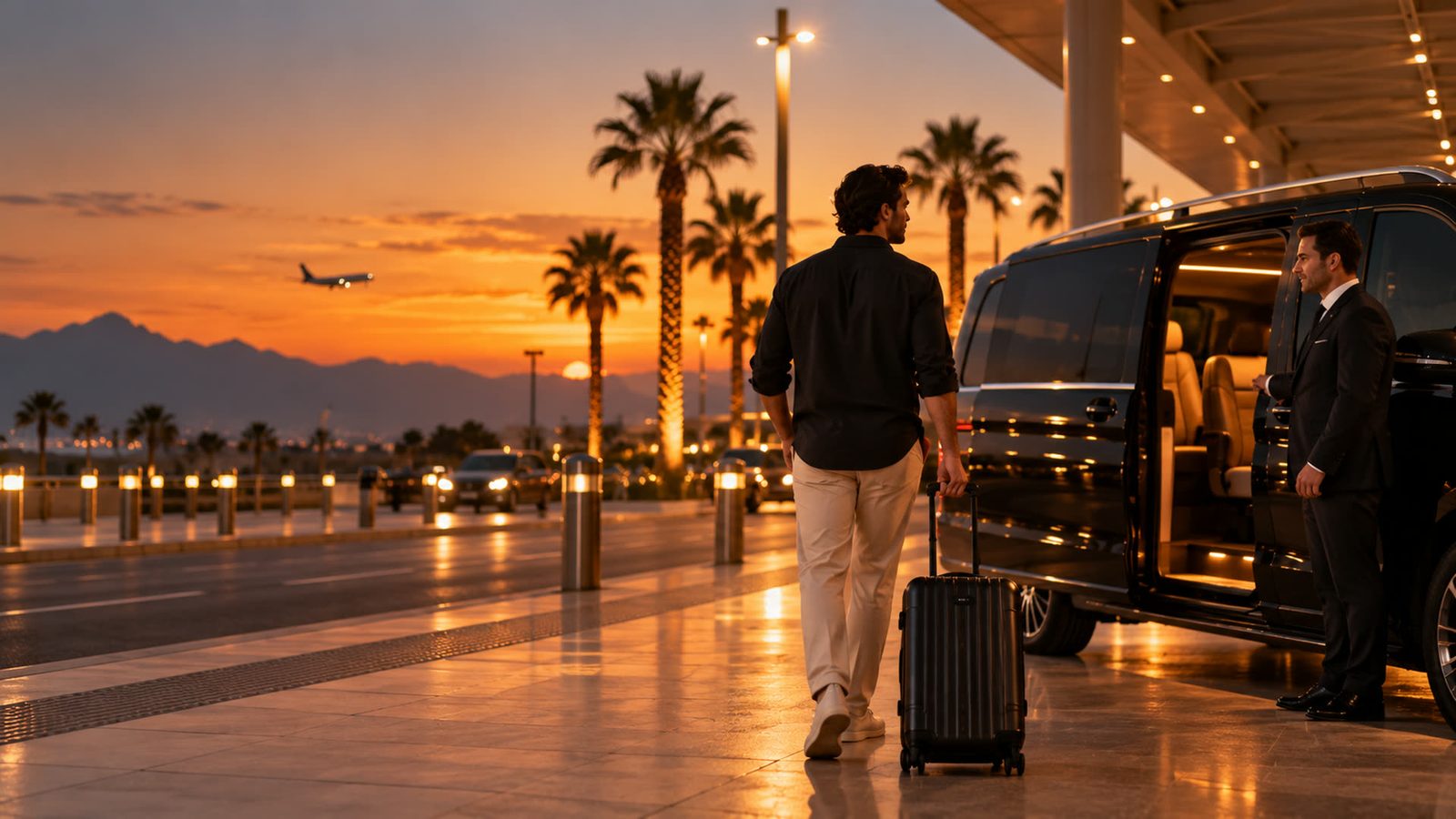 Man with a suitcase walking to a private transfer car at an airport at sunset