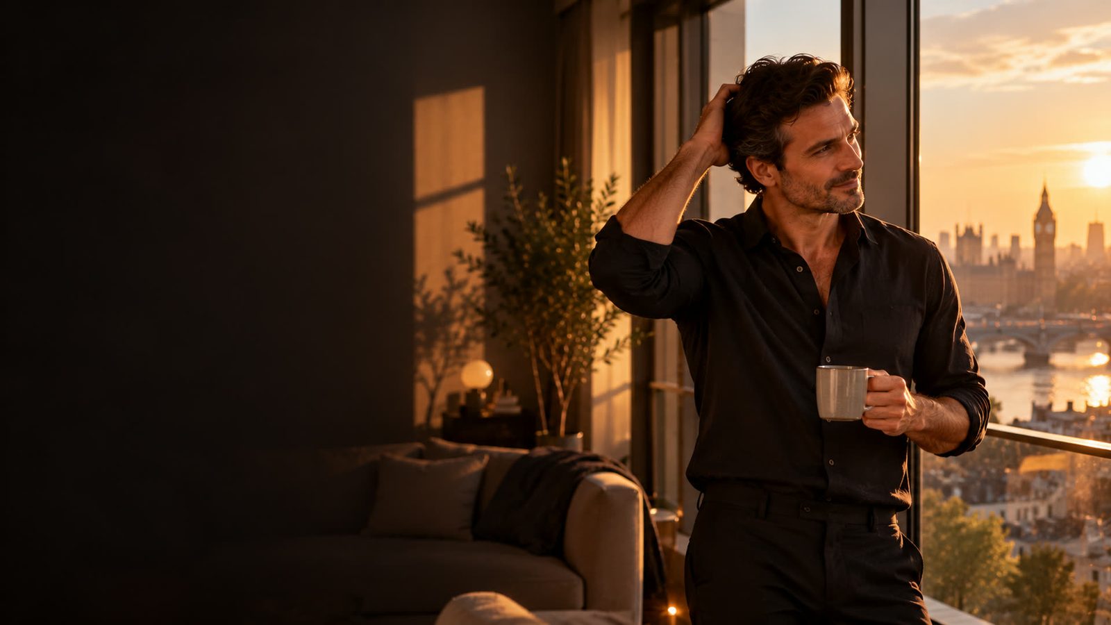 Man at home by a window overlooking the London skyline at sunset