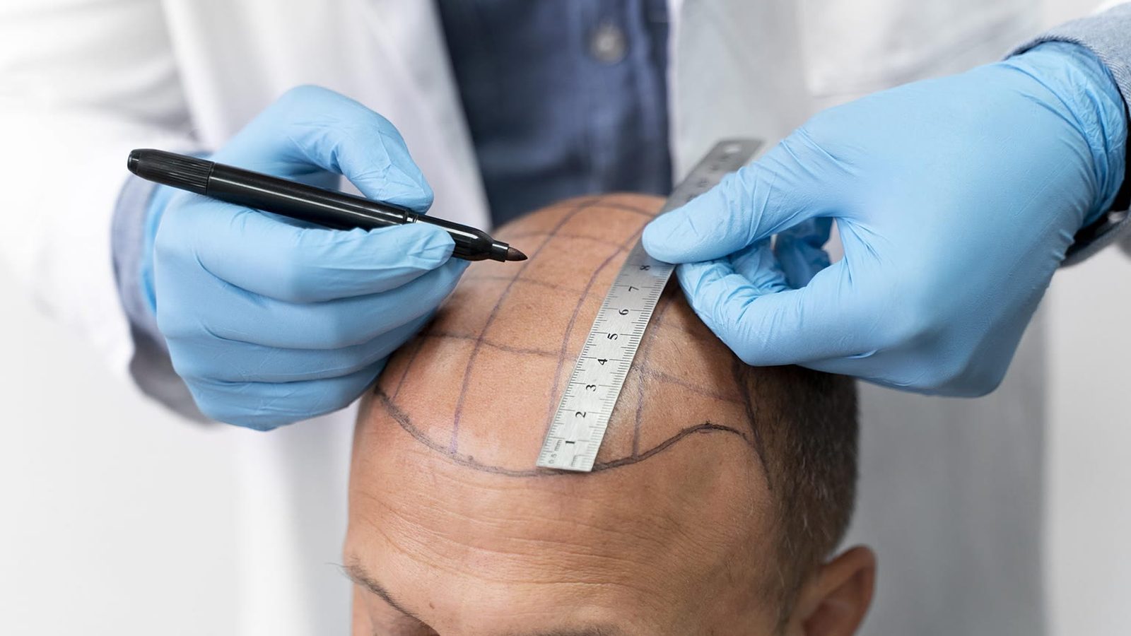 A gloved doctor measures a patient's scalp with a ruler and marks a grid and new hairline to plan the number of grafts